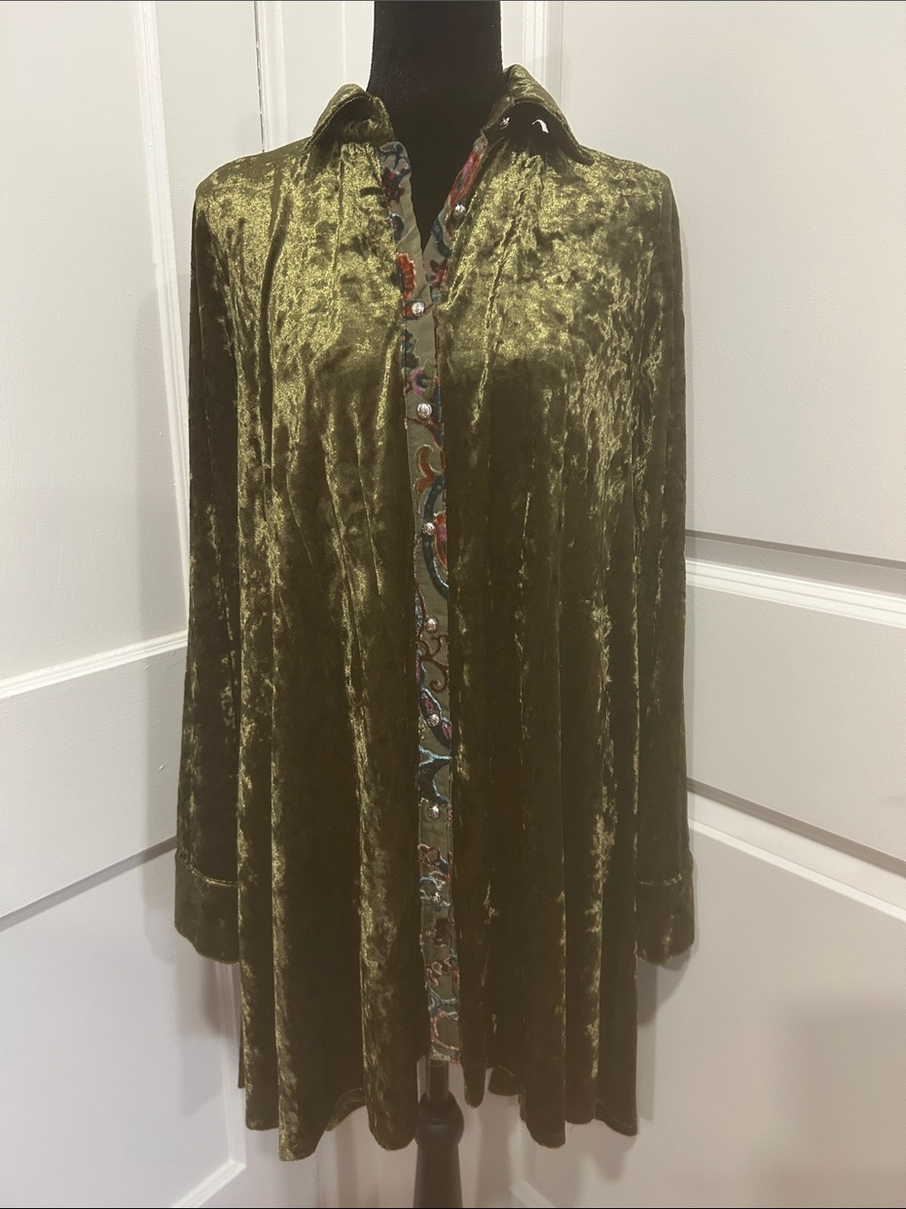 Crushed Velvet Tunic medium green  paisley Burnout sheer Whimsigoth Boho A Line - Picture 2 of 15